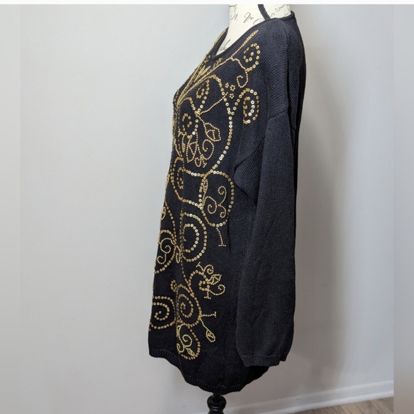 Womens Sweater Dress Black & Gold Beaded Spangles Size Small VTG 80s L'EAU VIVE - Picture 7 of 15